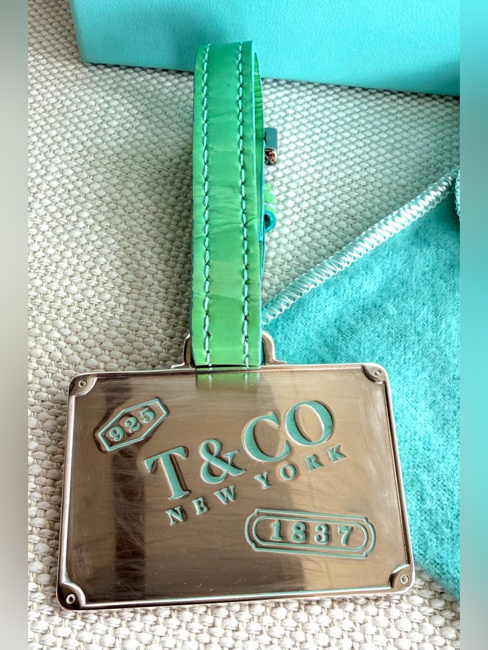 TIFFANY & CO. 1837 Sterling Silver Luggage Tag Green Patent Leather RARE